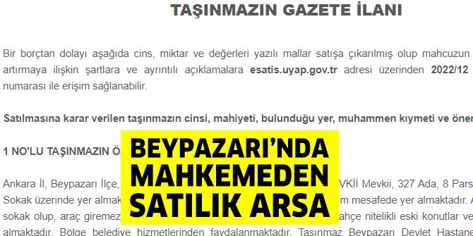 Beypazarı’nda mahkemeden satılık arsa