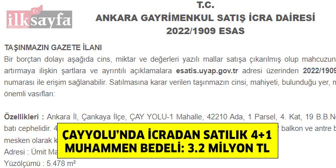 Çayyolu’nda icradan satılık 4+1 daire