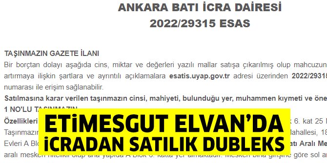 Etimesgut Elvan’da icradan satılık dubleks daire