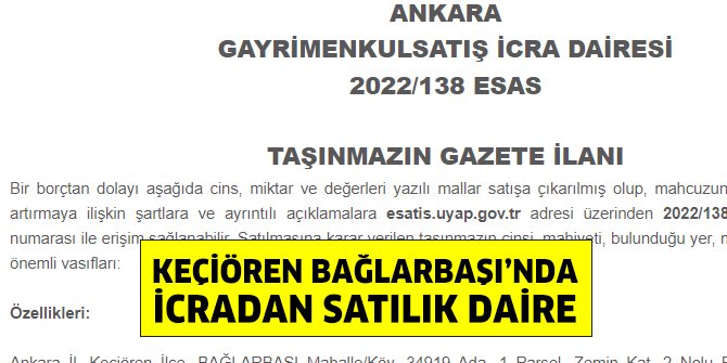 Keçiören Bağlarbaşı’nda icradan satılık daire