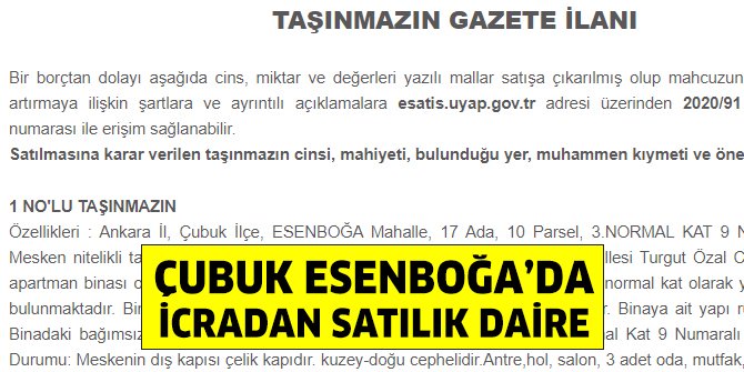 Çubuk Esenboğa’da icradan satılık daire