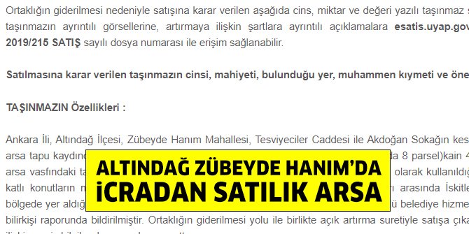 Altındağ Zübeyde Hanım’da icradan satılık arsa