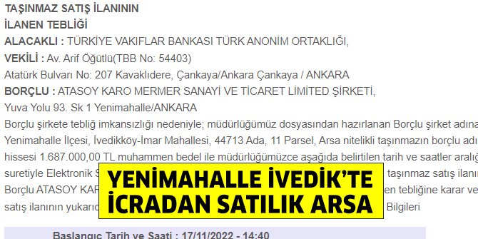 Yenimahalle İvedik’te icradan satılık arsa