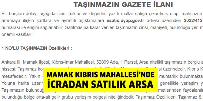 Mamak Kıbrıs Mahallesi’nde icradan satılık arsa