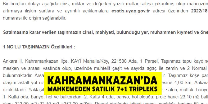 Kahramankazan Kayı’da mahkemeden satılık tripleks ev