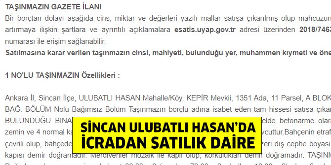 Sincan Ulubatlı Hasan’da icradan satılık daire