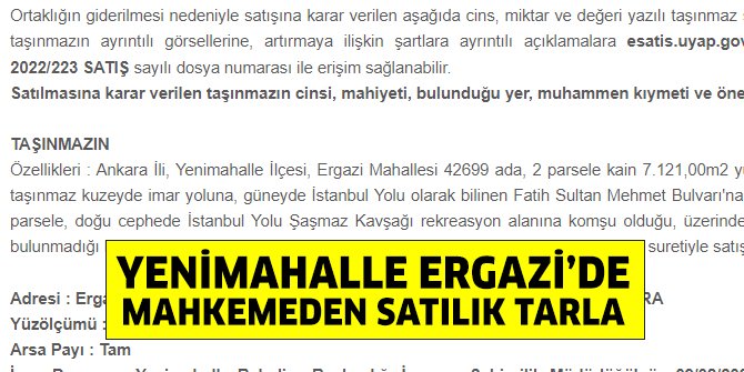 Yenimahalle Ergazi’de mahkemeden satılık tarla