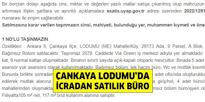 Çankaya Lodumu’da icradan satılık büro