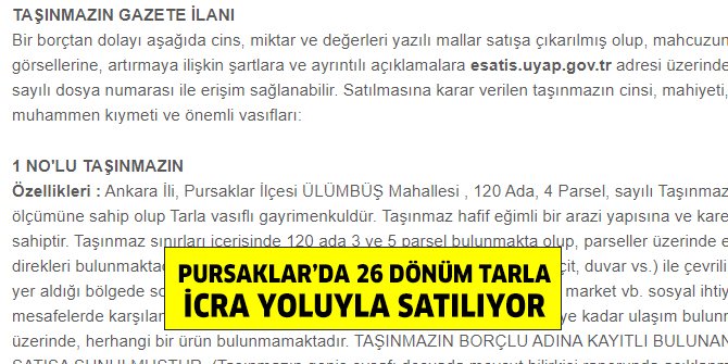 Pursaklar’da 26 dönüm tarla icra yoluyla satılıyor