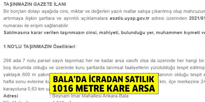 Bala Beynam’da icradan satılık arsa