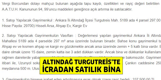 Altındağ Turgutreis’te 6 katlı bina ihaleyle satılıyor