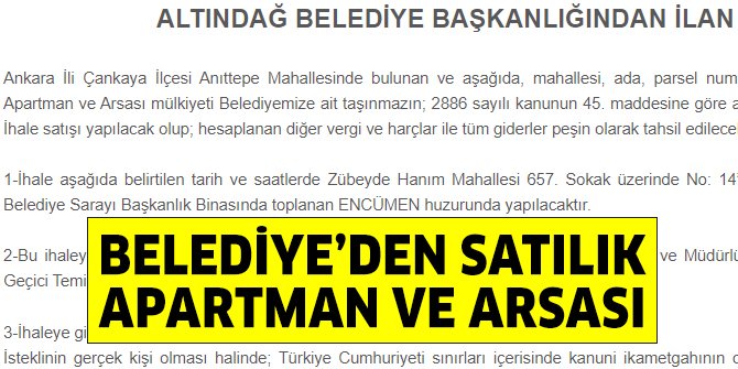 Altındağ Belediyesi'ne ait apartman ve arsası ihale ile satılacak