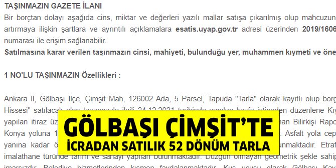 Gölbaşı Çimşit’te icradan satılık 52 dönüm tarla