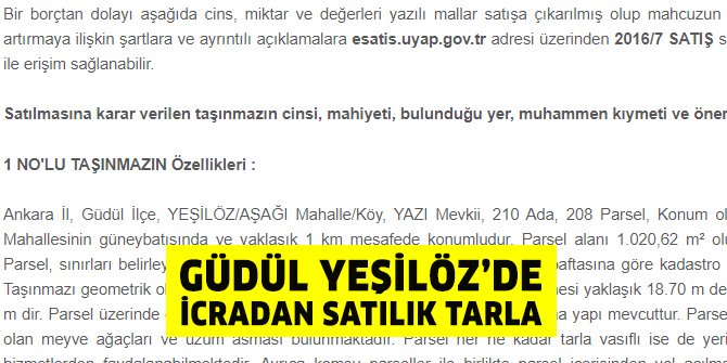 Güdül Yeşilöz’de icradan satılık tarla