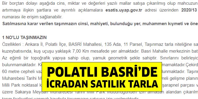 Polatlı Basri’de mahkemeden satılık 33 dönüm tarla