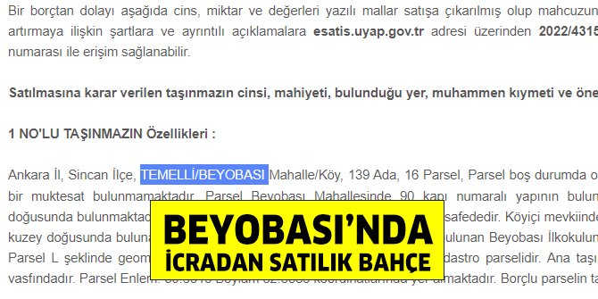 Temelli Beyobası’nda icradan satılık bahçe