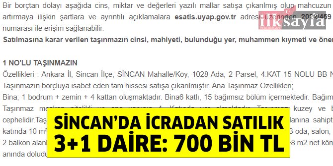 Sincan Andiçen’de icradan satılık daire