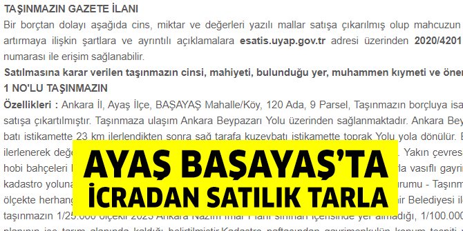 Ayaş Başayaş’ta icradan satılık tarla