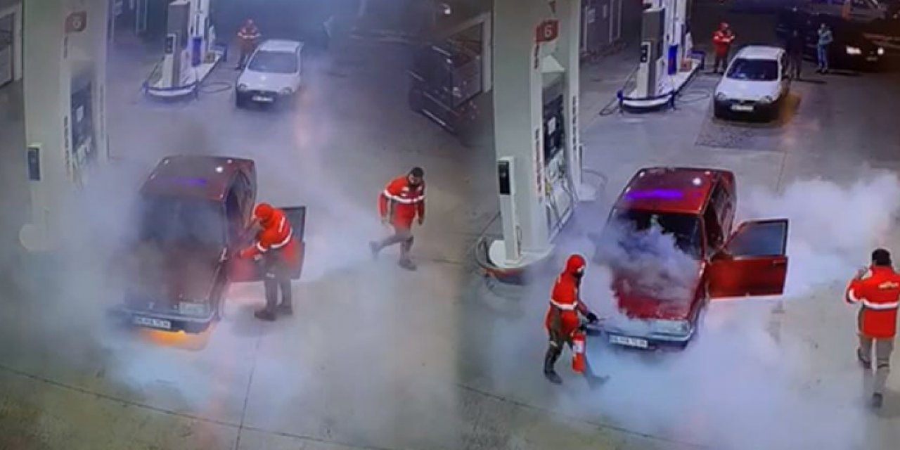 Akaryakıt istasyonunda alev alan otomobil paniğe neden oldu