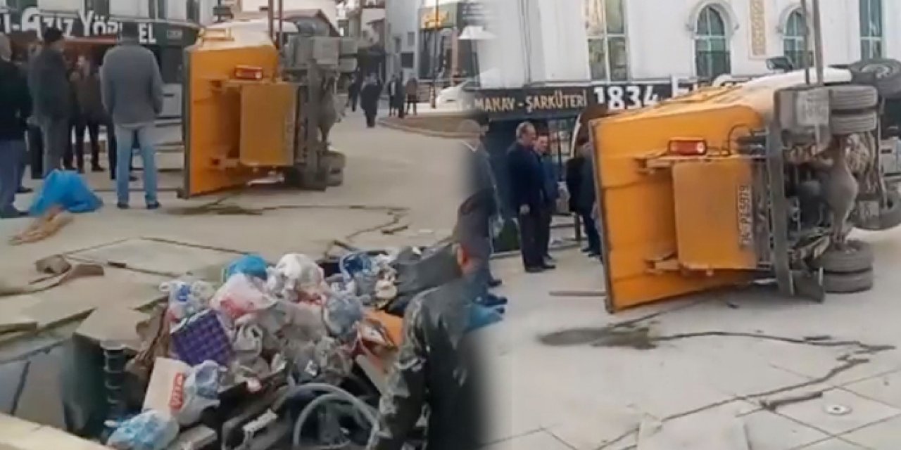 Meydanın çökmesi sonucu çöp kamyonu devrildi