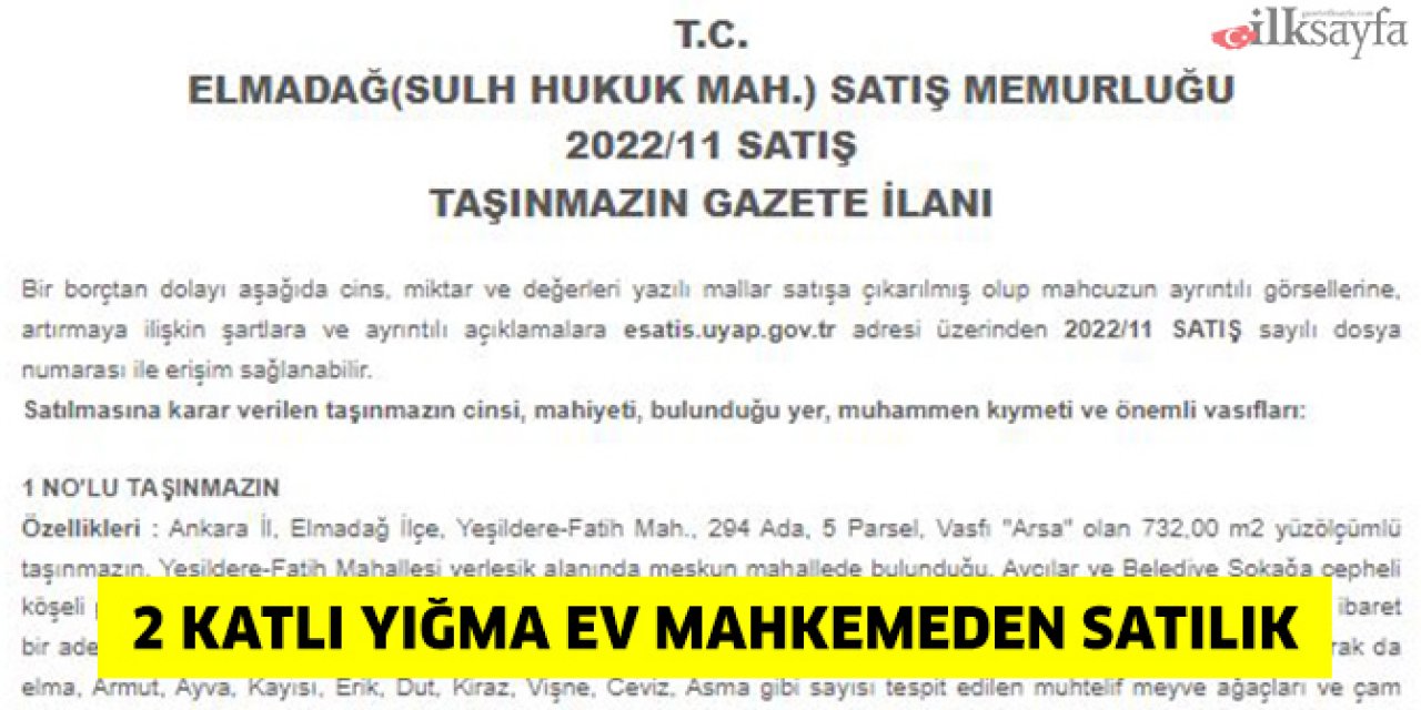 Elmadağ'da 732 m² arsa ve üzerindeki 2 katlı yığma ev mahkemeden satılık