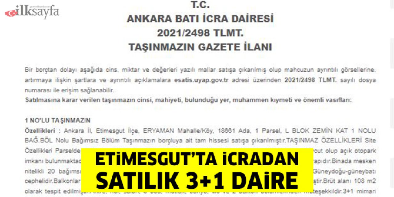 Ankara Etimesgut’ta icradan satılık 3+1 daire