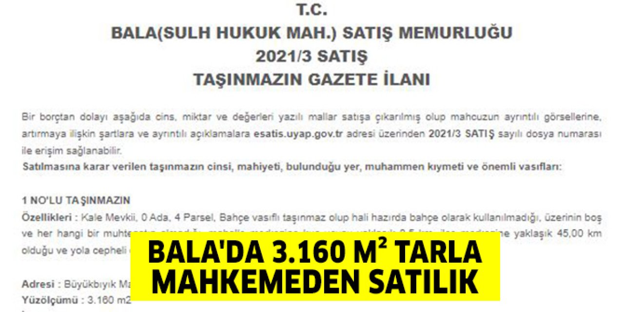 Ankara Bala'da 3.160 m² tarla mahkemeden satılık (çoklu satış)