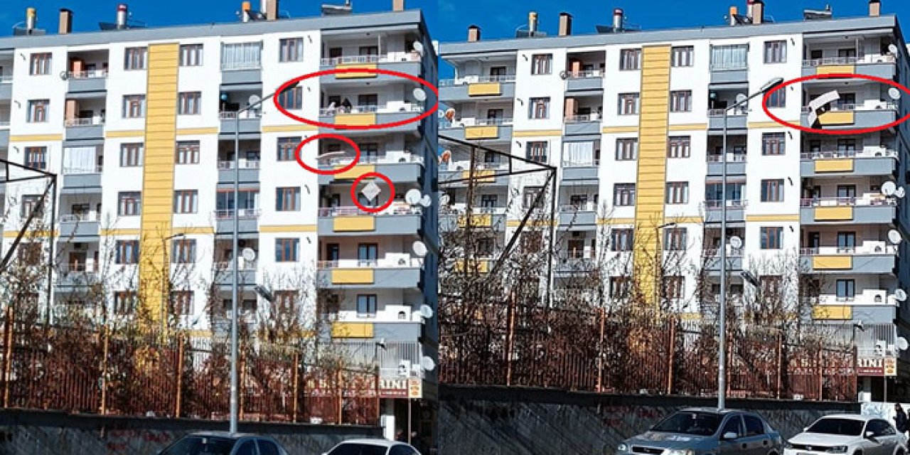 Depremde hasar gören eve girip eşyalarını balkondan attı
