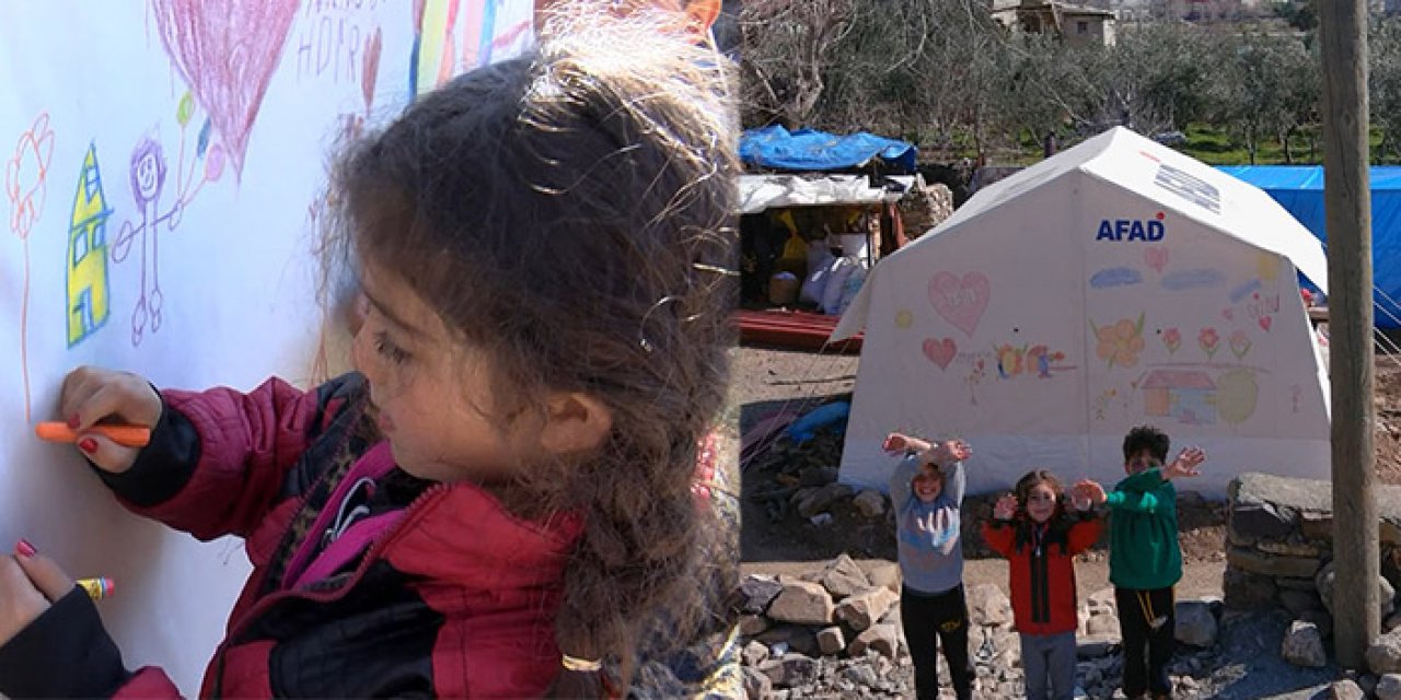 Deprem çadırına hayallerini çizdi