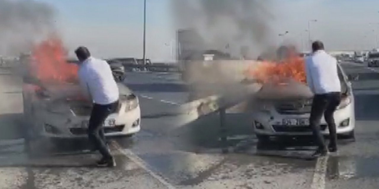 Yanan aracı yoldan geçen itfaiye eri söndürdü