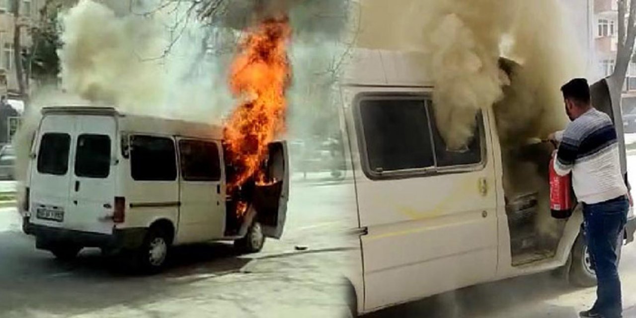 Çakmaklık kısmından tutuşan minibüs kullanılamaz hale geldi