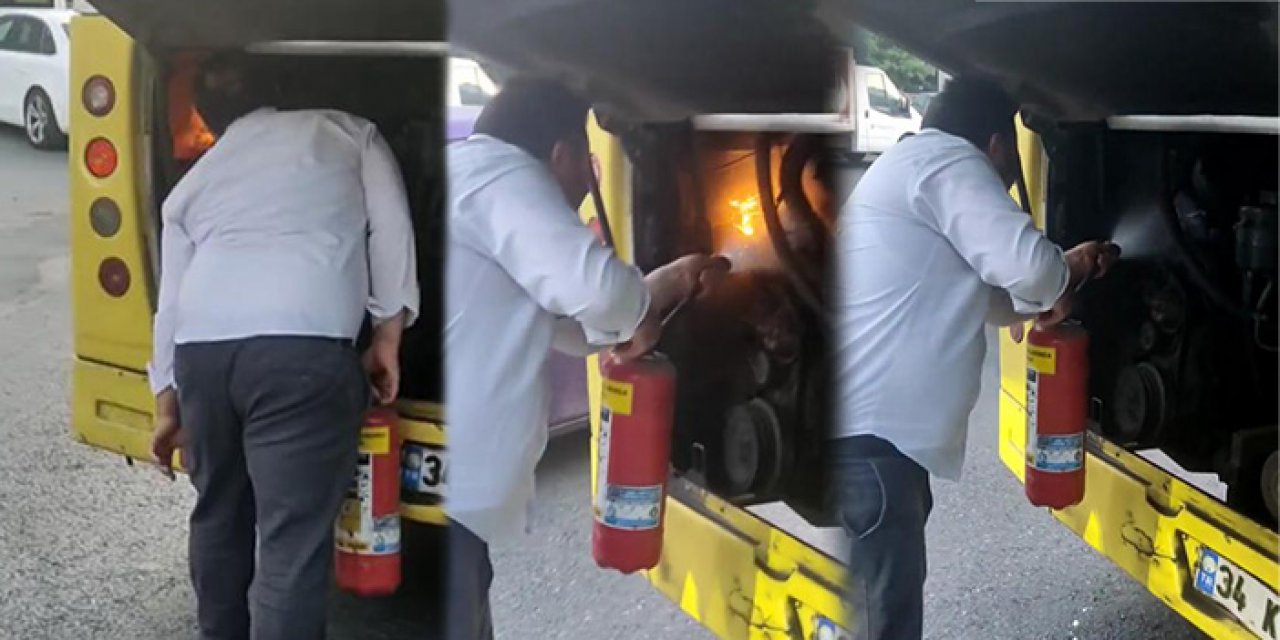 Otobüsün yanan motorunu üfleyerek söndürmeye çalıştı