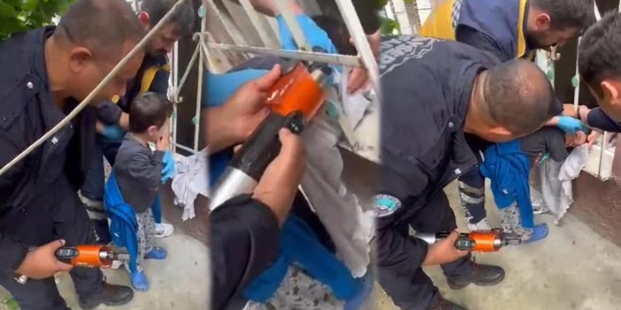 Kafası demir korkuluklara sıkışan çocuğa müdahale