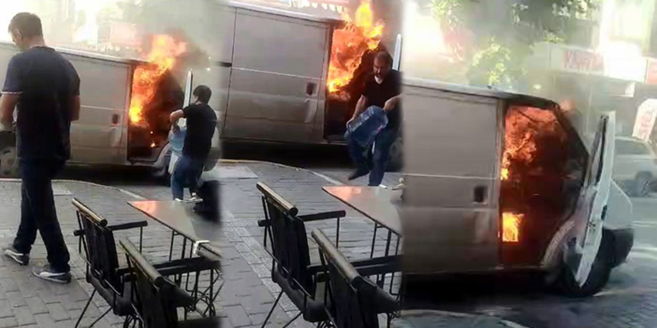 İstanbul'da bir adam yanan minibüse damacanayla su döktü