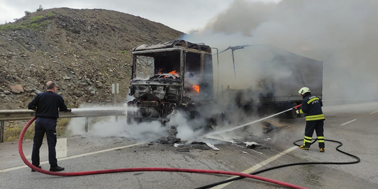 Seyir halinde alev alan TIR küle döndü