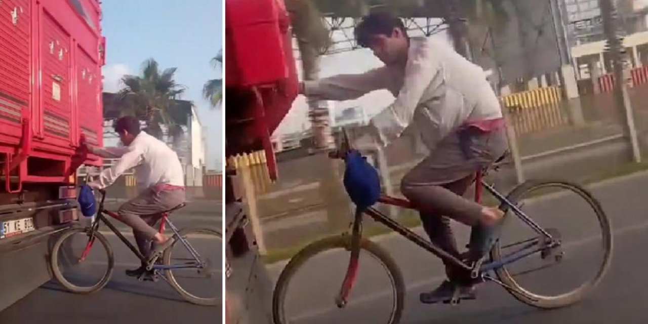 Hareket halindeki kamyona tutunarak yolculuk yaptı