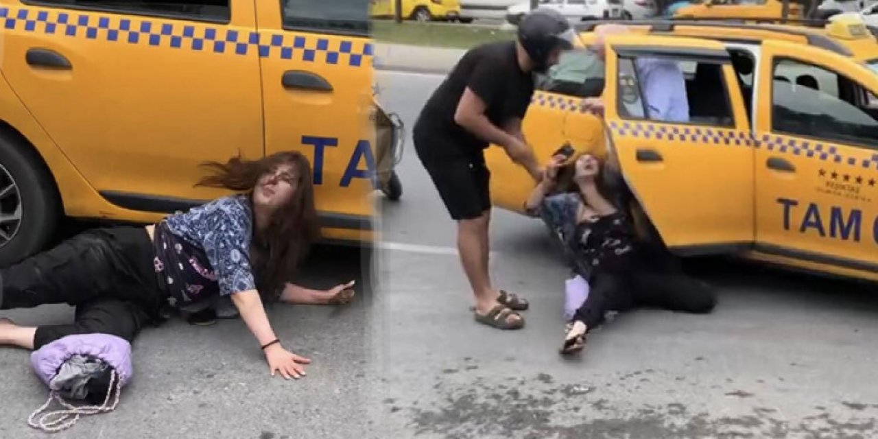 Taksiciyle tartışan kadın kendini yerlere attı