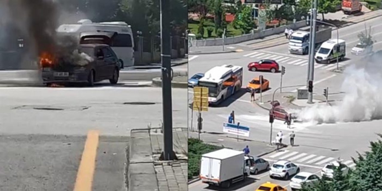 Etimesgut’ta kırmızı ışıkta bekleyen araç alev aldı