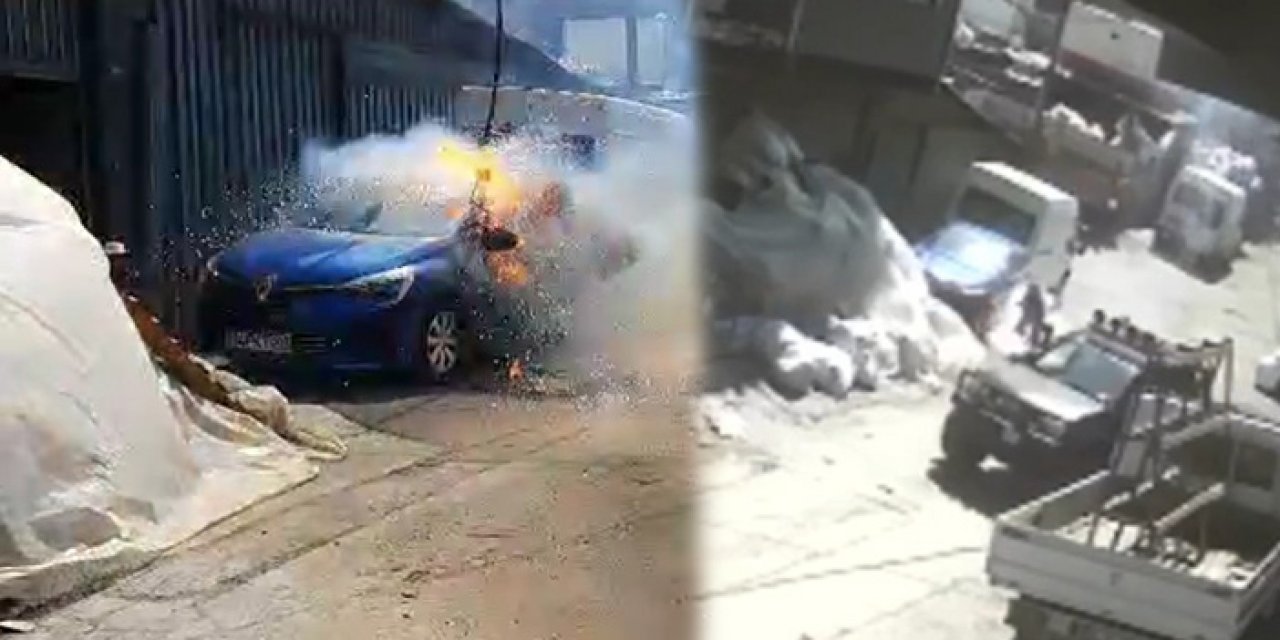 Yanan aracı kurtarmak isterken üstüne yanan kablolar düştü