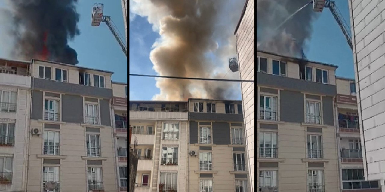 Beş katlı binanın çatı katında yangın