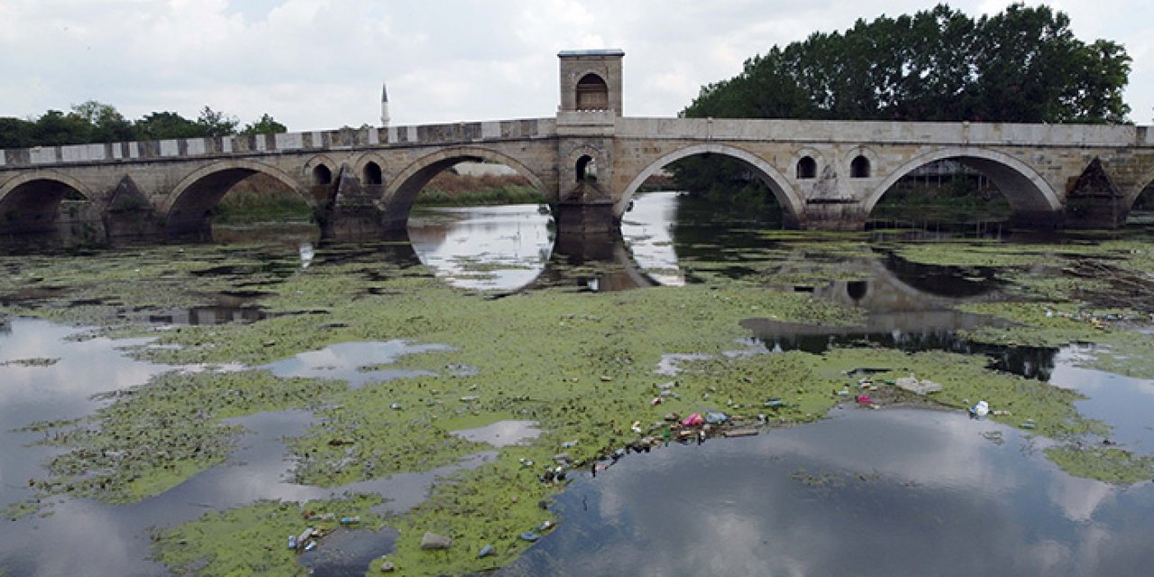 Tunca Nehri’nin su seviyesi düştü yüzeyi otlarla ve çöplerle kaplandı