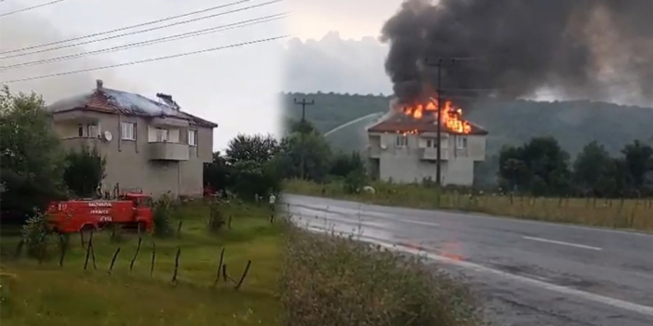 Yıldırımın düştüğü evin çatısı alev aldı