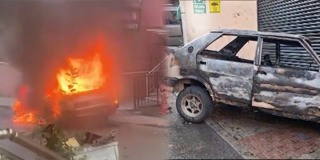 Çalıştırıldığı esnada alev alan araç tekstil atölyesine çarptı