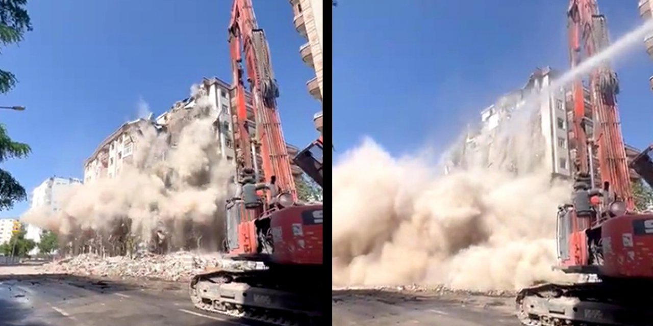 Ağır hasarlı bina böyle çöktü