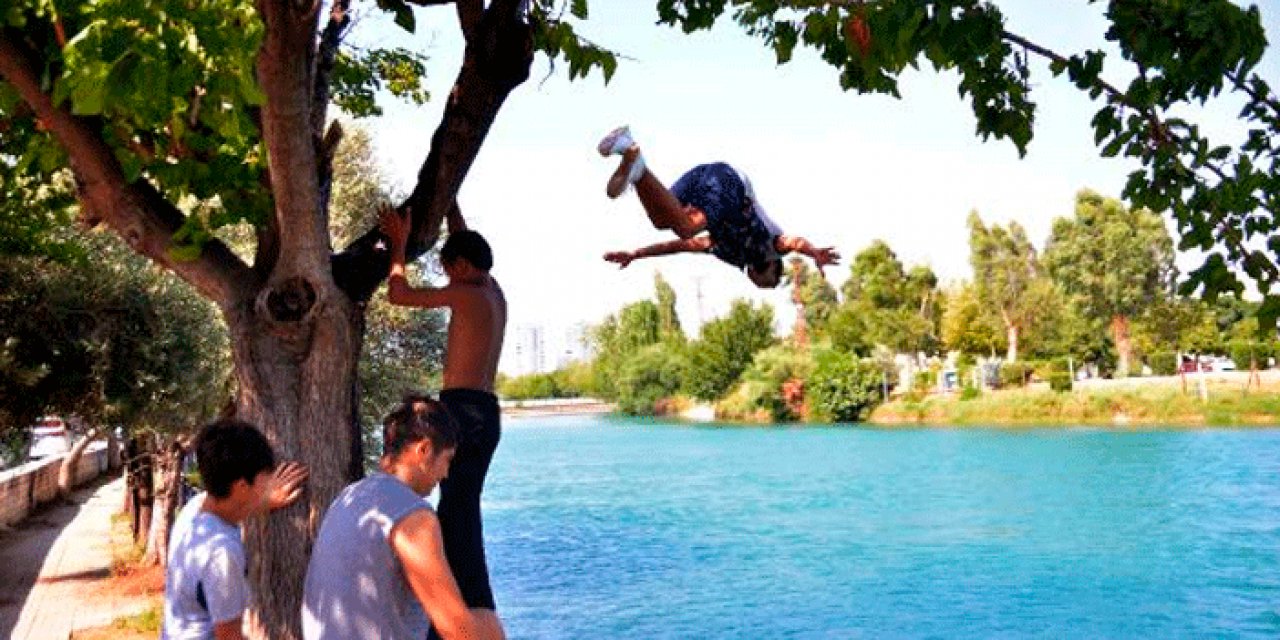 Tehlikeli eğlence: Ağaca çıkıp sulama kanalına atladılar