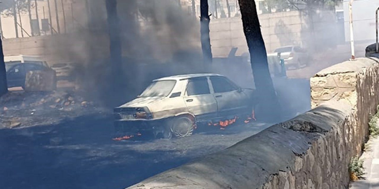 Otomobilde çıkan yangın ağaçlara da sıçradı