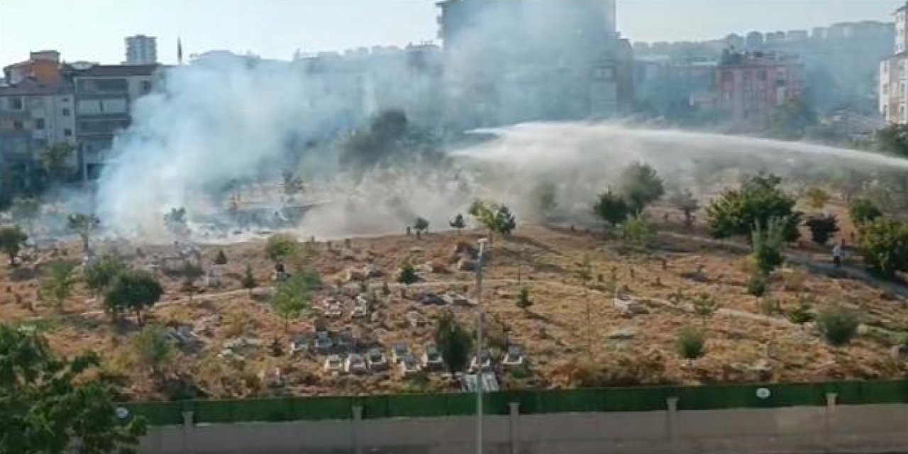 Mezarlıkta otluk alanda çıkan yangın ağaçlara sıçradı