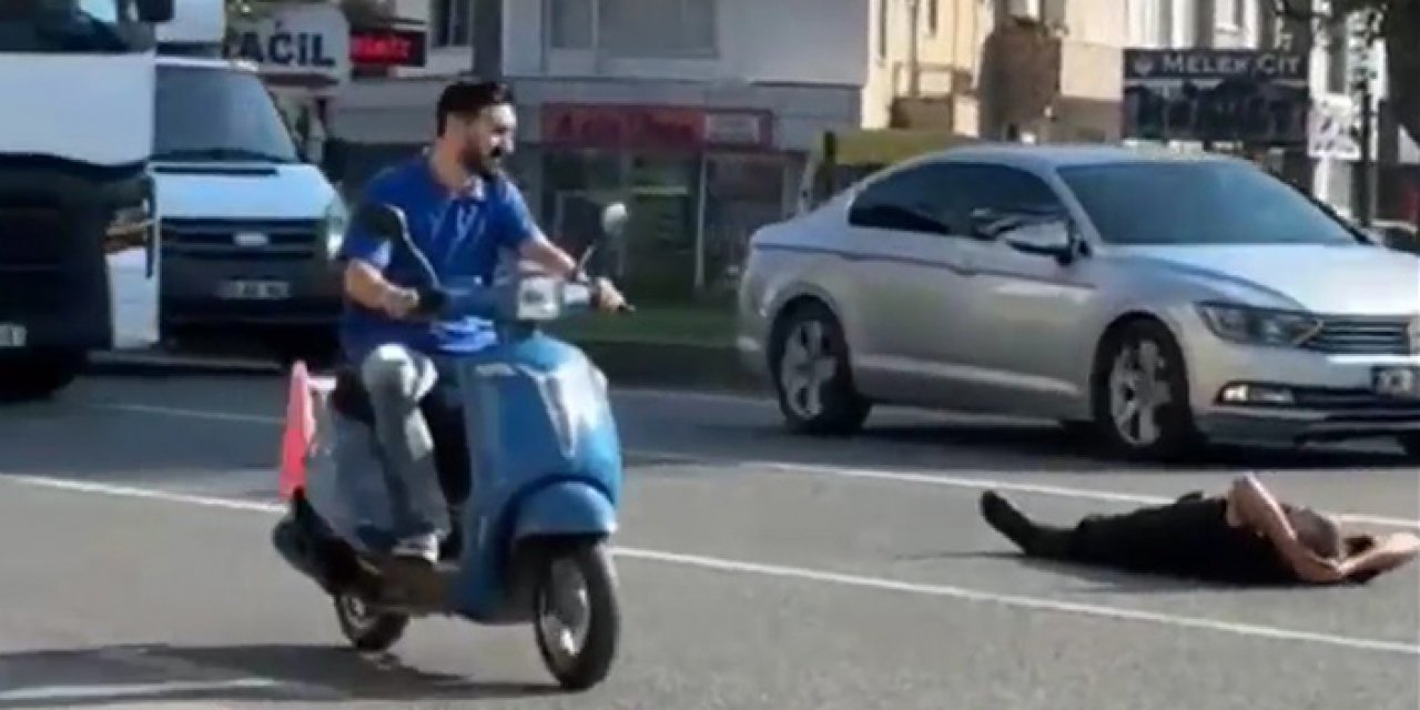 Orta şeride uzandı trafiği tehlikeye attı