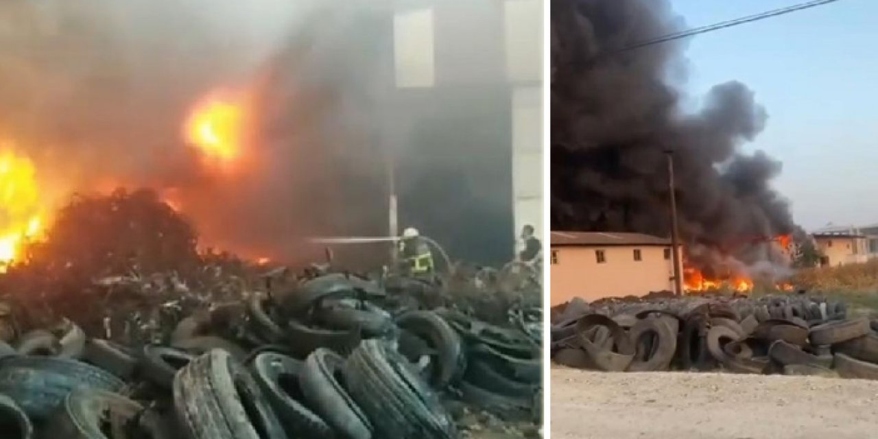 Atık lastik deposundaki yangın söndürme çalışmalarını sürdürüyor