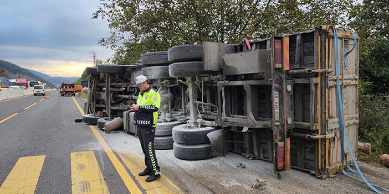 Tomruk yüklü kamyon devrildi: Sürücü yaralandı